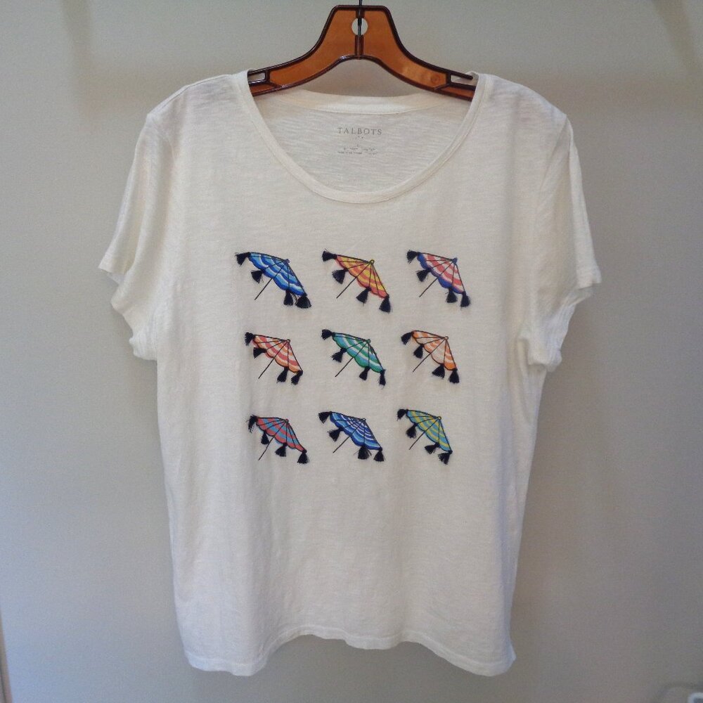 Talbots white t-shirt with tassel umbrellas